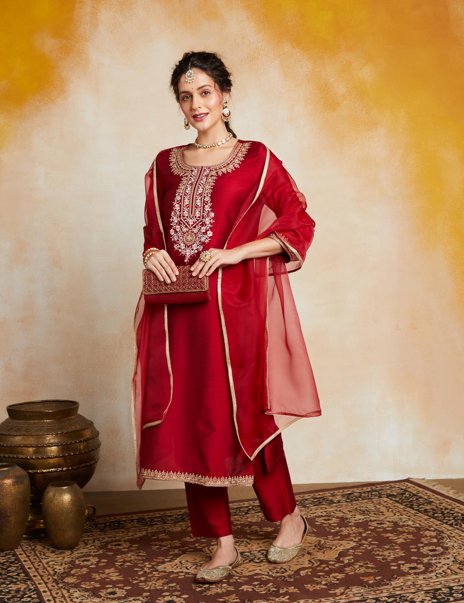 Myx Women's Embroidered Kurta Pant Set with Organza Dupatta | Salwar Suit (Available in Plus Sizes)