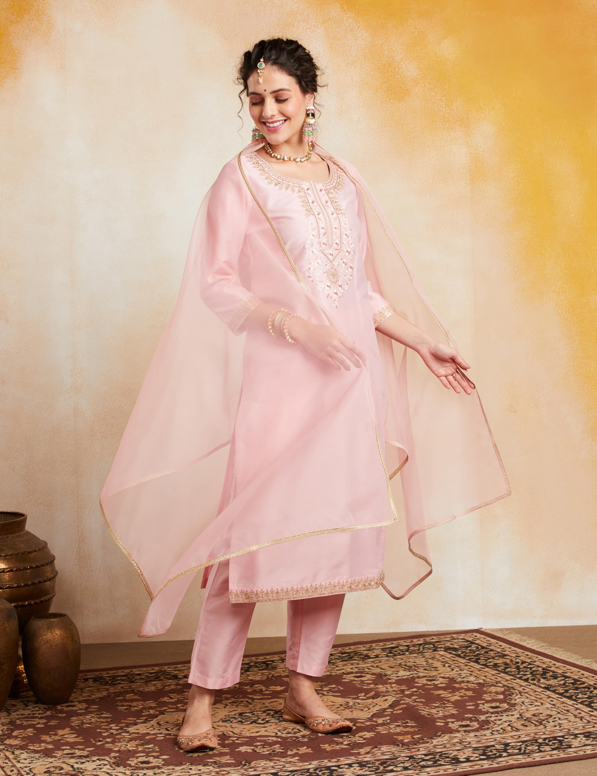 Myx Women's Embroidered Kurta Pant Set with Organza Dupatta | Salwar Suit (Available in Plus Sizes)